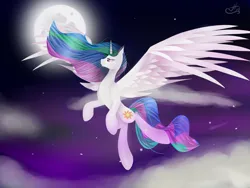 Size: 1600x1200 | Tagged: safe, artist:colourboom, derpibooru import, princess celestia, alicorn, pony, cloud, digital art, ethereal mane, ethereal tail, feather, flowing mane, flowing tail, flying, g4, horn, image, jpeg, lidded eyes, lonely, moon, moonlight, night, pink eyes, signature, solo, spread wings, starry mane, starry tail, stars, tail, wings