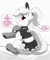 Size: 3268x3950 | Tagged: safe, artist:pabbley, derpibooru import, rainbow dash, pegasus, pony, alternate hairstyle, black and white, clothes, dialogue, female, grayscale, image, implied anon, jpeg, looking back, maid, mare, monochrome, open mouth, partial color, ponytail, rainbow maid, simple background, sitting, socks, solo, speech bubble, stockings, sweat, sweatdrop, thigh highs, white background