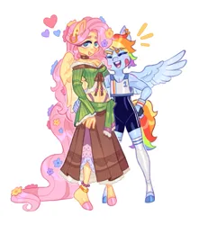 Size: 1243x1406 | Tagged: safe, artist:martar_martar, derpibooru import, fluttershy, rainbow dash, anthro, pegasus, unguligrade anthro, clothes, compression shorts, duo, duo female, emanata, eyes closed, female, flower, flower in hair, flutterdash, hand on hip, heart, height difference, image, jpeg, lesbian, long tail, looking at you, midriff, shipping, simple background, skirt, smiling, smiling at you, socks, spread wings, tail, thigh highs, white background, wings