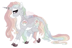 Size: 4100x2700 | Tagged: safe, artist:gigason, derpibooru import, oc, oc:blanket stitch, unofficial characters only, pony, unicorn, blaze (coat marking), brown eyes, cloven hooves, coat markings, colored hooves, facial markings, female, gradient hooves, hoof polish, horn, image, leonine tail, lidded eyes, mare, mealy mouth (coat marking), multicolored hair, pale belly, patch, png, rainbow hair, raised hoof, simple background, smiling, socks (coat marking), solo, standing, stitches, striped horn, tail, transparent background, unicorn oc