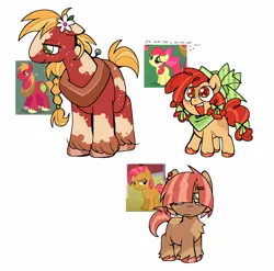 Size: 1500x1479 | Tagged: safe, artist:spacescoob8, derpibooru import, apple bloom, babs seed, big macintosh, earth pony, pony, alternate design, bow, female, filly, flower, foal, g4, image, jpeg, male, neckerchief, redesign, stallion, tail, tail bow, text, twitterina design
