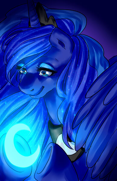 Size: 900x1391 | Tagged: safe, artist:etrnlpeace, derpibooru import, princess luna, alicorn, pony, blue background, blue eyes, blue mane, crescent moon, crown, cute, digital art, ethereal mane, eyelashes, eyeshadow, feather, female, flowing mane, g4, glow, happy, horn, image, jewelry, jpeg, makeup, mare, moon, moonlight, night, peytral, regalia, simple background, smiling, solo, sparkles, spread wings, starry mane, stars, wings