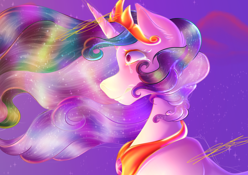 Size: 4092x2893 | Tagged: safe, artist:wolfieswap, derpibooru import, princess celestia, alicorn, pony, cloud, crepuscular rays, crown, crying, digital art, ear fluff, ethereal mane, female, flowing mane, g4, gem, high res, horn, image, jewelry, mare, peytral, pink eyes, png, regalia, sad, signature, sky, solo, sparkles, starry mane, stars, sunlight, sunset, teary eyes