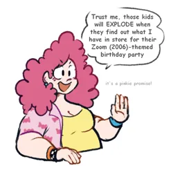 Size: 778x767 | Tagged: safe, artist:punkittdev, derpibooru import, pinkie pie, human, breasts, busty pinkie pie, chubby, cleavage, dialogue, humanized, image, open mouth, open smile, png, simple background, smiling, solo, speech bubble, white background