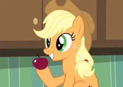 Size: 2734x1922 | Tagged: safe, artist:badumsquish, derpibooru import, applejack, earth pony, pony, apple, applejack's hat, cowboy hat, cupboard, derpibooru exclusive, food, freckles, fruit, grin, hat, holding, hoof hold, image, kitchen, png, ponified scene, ponytail, show accurate, simpsons did it, sitting, smiling, solo, squee, stetson, sweet apple acres, the simpsons