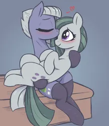 Size: 2600x3000 | Tagged: safe, alternate version, artist:t72b, derpibooru import, limestone pie, marble pie, earth pony, pony, blushing, clothes, cuddling, eyes closed, female, forehead kiss, g4, holding a pony, image, incest, kissing, lesbian, lying down, mare, on back, piecest, png, ship:marblime, shipping, siblings, sisters, sitting, socks