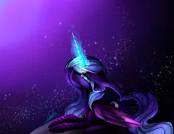 Size: 3496x2686 | Tagged: safe, artist:irayuune, derpibooru import, princess luna, alicorn, pony, blue eyes, blue mane, blue tail, crying, digital art, ethereal mane, ethereal tail, eyelashes, eyeshadow, feather, female, flowing mane, folded wings, g4, glow, glowing horn, high res, horn, image, jewelry, looking up, lying down, magic, makeup, mane, mare, moon, moonlight, night, peytral, png, regalia, sad, signature, solo, sparkles, starry mane, starry night, starry tail, stars, tail, teary eyes, wings