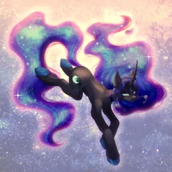 Size: 3508x3508 | Tagged: safe, artist:mian1205, derpibooru import, princess luna, pony, unicorn, blue eyes, blue mane, blue tail, concave belly, crepuscular rays, curved horn, digital art, ethereal mane, ethereal tail, eyeshadow, female, flowing mane, flowing tail, g4, glow, glowing horn, gradient background, high res, hoof shoes, horn, image, lidded eyes, looking at you, makeup, mare, png, princess shoes, race swap, sky, smiling, smiling at you, solo, sparkles, spread wings, starry mane, stars, sunlight, tail, teeth, turned head, unicorn luna, unshorn fetlocks, wings