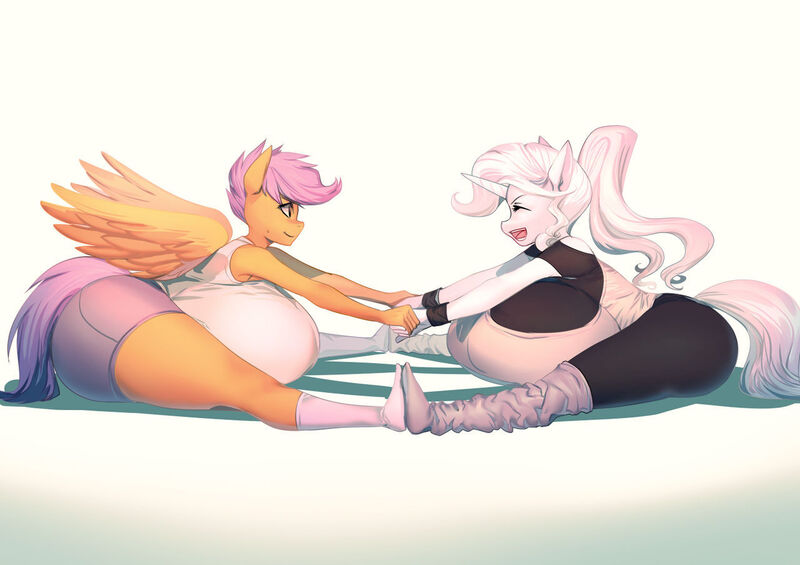 Size: 1280x904 | Tagged: questionable, artist:bakki, derpibooru import, scootaloo, oc, oc:sweet melody, anthro, pegasus, plantigrade anthro, unicorn, big breasts, blushing, breasts, busty scootaloo, butt, canon x oc, cute, duo, duo female, female, females only, horn, huge breasts, huge butt, image, implied lesbian, impossibly large breasts, jpeg, large butt, lesbian, scootabutt, smiling, stretching, sweat, sweatdrop, thighs, thunder thighs, unicorn oc, wide hips, yoga
