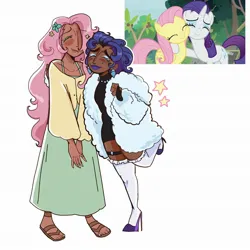 Size: 1940x1940 | Tagged: safe, artist:clarissasbakery, derpibooru import, fluttershy, rarity, human, blackwashing, dark skin, duo, female, flarity, humanized, image, jpeg, lesbian, screenshot redraw, shipping, simple background, tallershy, white background, whore lips