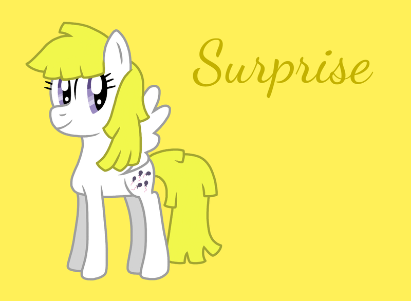 Size: 1370x1003 | Tagged: safe, artist:princessgoldenbear2003, derpibooru import, surprise, pegasus, pony, g1, adoraprise, cute, female, g1 to g4, g4, generation leap, image, mare, png, simple background, smiling, solo, text, yellow background, yellow text