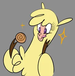 Size: 984x1000 | Tagged: safe, artist:nonameorous, derpibooru import, alpaca, them's fightin' herds, cinnamon bun, cloven hooves, community related, food, gray background, hoof hold, image, looking down, paprika (tfh), png, simple background, solo, sparkles, tongue out