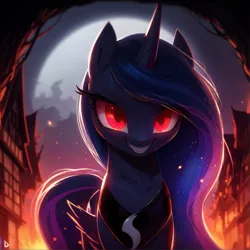 Size: 1688x1688 | Tagged: safe, derpibooru import, princess luna, alicorn, pony, undead, vampire, vampony, ai content, alone, beautiful, blue mane, ears up, evil, female, fire, image, looking at you, mare, moon, night, nightmare, png, red eyes, smiling, smiling at you, solo, some mares just want to watch the world burn, village, wings