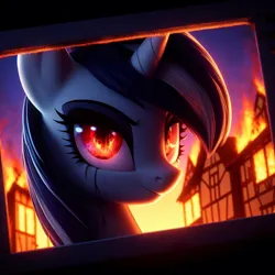 Size: 4096x4096 | Tagged: safe, derpibooru import, machine learning generated, pony, undead, unicorn, vampire, vampony, ai content, alone, burning, dawn, female, fire, image, light, looking at you, photo, png, red eyes, smiling, smiling at you, solo, village