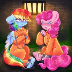 Size: 2048x2048 | Tagged: safe, artist:honiipaii, derpibooru import, pinkie pie, rainbow dash, bound wings, clothes, commissioner:rainbowdash69, cuffs, image, jail, jail cell, jpeg, never doubt rainbowdash69's involvement, prison, prison cell, prison outfit, prisoner, prisoner pp, prisoner rd, shackles, varying degrees of want, wings