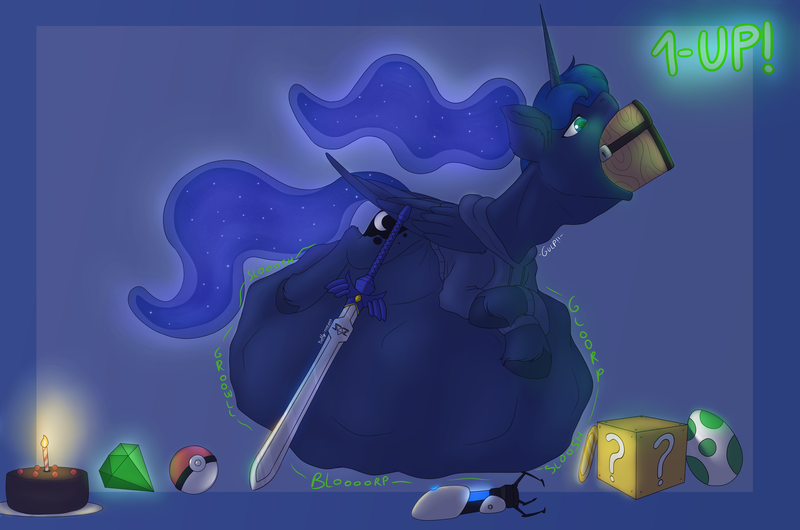 Size: 7662x5080 | Tagged: suggestive, artist:lightning bolty, derpibooru import, princess luna, alicorn, pony, gamer luna, 1-up, 1up, ? block, abdominal bulge, absurd resolution, alternate hairstyle, belly, belly bed, big belly, black forest cake, cake, chaos emerald, clothed ponies, clothes, coin, colored, commission, crossed hooves, date (time), digestion, eating, egg, ethereal mane, ethereal tail, female, folded wings, food, full mouth, hoodie, hoof fluff, horn markings, huge belly, image, impossibly large belly, large wings, leg fluff, lidded eyes, lighting, long mane, long tail, looking at something, loot, mare, master sword, neck bulge, no source available, object stuffing, object vore, open mouth, passepartout, png, poké ball, pokémon, portal (valve), portal gun, quadrupedal, shading, side view, signature, simple background, slim, solo, sonic the hedgehog (series), starry mane, starry tail, sternocleidomastoid, stomach noise, stuffed belly, super mario bros., swallowing, tail, the legend of zelda, thin, throat bulge, treasure chest, unshorn fetlocks, vore, wall of tags, white background, wings, yoshi egg