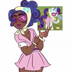 Size: 1877x1877 | Tagged: safe, artist:clarissasbakery, derpibooru import, rarity, human, sleepless in ponyville, camping outfit, clothes, dark skin, headscarf, humanized, image, jpeg, scarf, screencap reference, simple background, solo, sunglasses, white background
