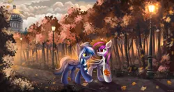 Size: 5000x2631 | Tagged: safe, artist:atlas-66, derpibooru import, oc, unofficial characters only, bat pony, pegasus, pony, autumn, bat pony oc, bat wings, clothes, duo, image, leaves, park, path, pegasus oc, png, scarf, streetlight, striped scarf, tree, walking, wings