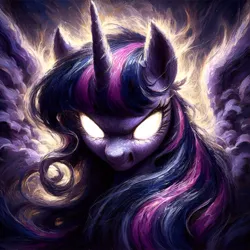 Size: 2048x2048 | Tagged: safe, derpibooru import, machine learning generated, twilight sparkle, alicorn, ai content, angry, generator:bing image creator, image, png, ready to fight, solo, white eyes