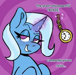 Size: 1939x1900 | Tagged: safe, artist:catponything, derpibooru import, trixie, pony, unicorn, blushing, bust, dialogue, female, g4, glow, glowing horn, grin, horn, hypnosis, image, levitation, lidded eyes, looking at you, magic, magic aura, mare, png, smiling, solo, stopwatch, swirly background, swirly eyes, talking to viewer, telekinesis