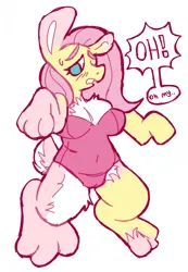 Size: 1597x2308 | Tagged: suggestive, artist:catponything, derpibooru import, fluttershy, anthro, pegasus, rabbit, animal, arm hooves, belly button, blush lines, blushing, breasts, bunny suit, cameltoe, cleavage, clothes, dialogue, easter, g4, holiday, image, leotard, one eye closed, png, simple background, solo, speech bubble, tail, transformation, white background