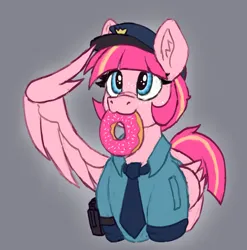 Size: 1777x1795 | Tagged: safe, artist:reddthebat, derpibooru import, oc, oc:sweet serving, unofficial characters only, pegasus, pony, donut, female, food, gray background, holster, image, jpeg, mare, mouth hold, necktie, police officer, police pony, salute, simple background, smiling, solo