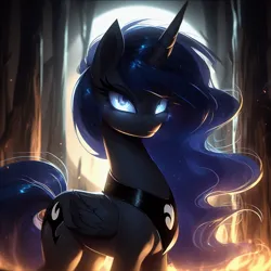 Size: 1024x1024 | Tagged: safe, derpibooru import, machine learning generated, princess luna, alicorn, ai content, beautiful, blue eyes, blue mane, fire, forest, g4, image, jpeg, looking at you, nature, night, serious, tree, wings