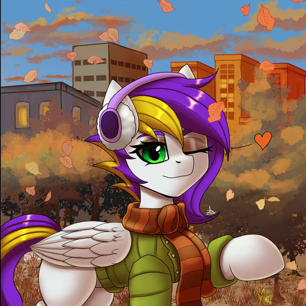 Size: 1600x1600 | Tagged: safe, artist:zachc, derpibooru import, oc, unofficial characters only, pegasus, pony, autumn, clothes, commission, falling leaves, female, image, jacket, leaves, looking at you, one eye closed, outdoors, png, raised hoof, scarf, smiling, solo