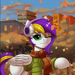 Size: 1600x1600 | Tagged: safe, artist:zachc, derpibooru import, oc, unofficial characters only, pegasus, pony, autumn, clothes, commission, falling leaves, female, image, jacket, leaves, looking at you, one eye closed, outdoors, png, raised hoof, scarf, smiling, solo