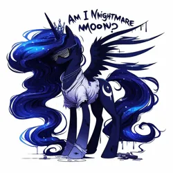 Size: 866x866 | Tagged: safe, derpibooru import, machine learning generated, princess luna, alicorn, ai content, blue mane, blue skin, clothes, cutie mark, g4, glasses, image, png, question mark, shirt, simple background, spread wings, white background, wings