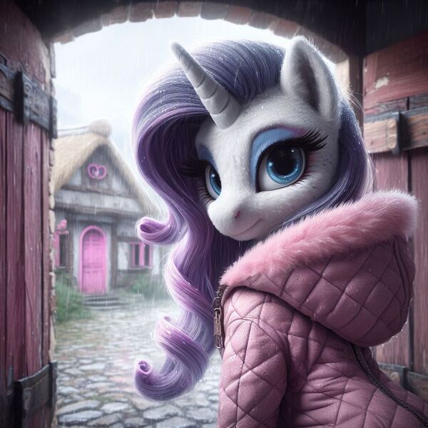 Size: 1024x1024 | Tagged: safe, machine learning generated, ponerpics import, ponybooru import, rarity, pony, unicorn, abandoned, ai content, bing, clothes, female, image, jpeg, looking at you, looking back, looking back at you, mare, rain, solo, wet, winter outfit