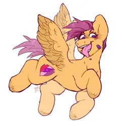 Size: 1425x1425 | Tagged: safe, artist:misocosmis, derpibooru import, scootaloo, pegasus, pony, fangs, g4, image, jpeg, open mouth, simple background, solo, spread wings, tongue out, vylet pony, white background, wings