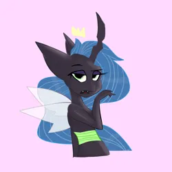 Size: 2000x2000 | Tagged: safe, artist:vylet pony, derpibooru import, queen chrysalis, anthro, changeling, changeling queen, big ears, bust, female, g4, image, impossibly large ears, jpeg, looking at you, pink background, simple background, solo, ugh, vylet pony