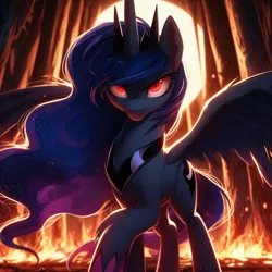 Size: 1024x1024 | Tagged: safe, derpibooru import, princess luna, undead, vampire, vampony, 2d, blue mane, burning, fire, forest, g4, image, light, looking at you, nature, night, png, red eyes, serious, solo, spread wings, tree, wings