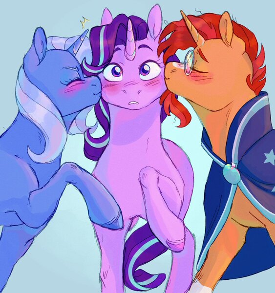 Size: 1125x1200 | Tagged: safe, artist:abbytabbys, derpibooru import, starlight glimmer, sunburst, trixie, pony, unicorn, bisexual, blushing, female, g4, glasses, image, jpeg, kiss on the cheek, kissing, lesbian, male, mare, polyamory, raised hoof, ship:startrixburst, shipping, simple background, stallion, starburst, startrix, straight, unshorn fetlocks