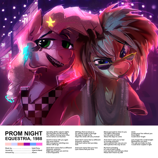 Size: 2000x2000 | Tagged: safe, artist:alumx, derpibooru import, cheerilee, mayor mare, earth pony, pony, 80s, 80s cheerilee, arm on shoulder, clothes, duo, grin, image, png, scarf, smiling, song cover, vylet pony