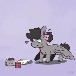 Size: 1425x1425 | Tagged: dead source, safe, artist:kyunn, derpibooru import, oc, oc:vylet, unofficial characters only, pegasus, pony, book, flower, flower in hair, food, heart, image, jpeg, mug, pocky, solo, unshorn fetlocks, violet background, vylet pony, wavy mouth, wings, wings down