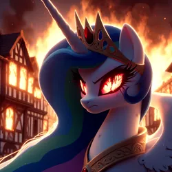 Size: 4096x4096 | Tagged: safe, derpibooru import, machine learning generated, daybreaker, princess celestia, alicorn, pony, ai content, angry, burning, eye lashes, fire, image, jewelry, night, png, regalia, serious, spread wings, this will end in daybreaker, this will end in death, this will end in tears, this will end in tears and/or death, this will not end well, village, wings