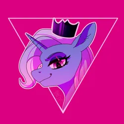 Size: 1400x1400 | Tagged: safe, artist:fizzlesoda2000, derpibooru import, trixie, pony, unicorn, bust, closed mouth, crown, eyestrain warning, image, jewelry, lidded eyes, looking at you, magenta background, pink background, png, portrait, queen of misfits, regalia, simple background, smiling, solo