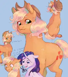 Size: 1059x1200 | Tagged: safe, artist:abbytabbys, derpibooru import, applejack, rarity, earth pony, pony, unicorn, concerned, dialogue, female, freckles, hair tie, haircut, hat, image, jpeg, looking at you, mare, short mane, simple background, sitting, spots, sweat, unshorn fetlocks