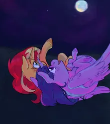 Size: 1059x1200 | Tagged: safe, artist:abbytabbys, derpibooru import, sunset shimmer, twilight sparkle, twilight sparkle (alicorn), alicorn, pony, unicorn, curled up, feathered wings, female, g4, grass, hoof heart, image, jpeg, lesbian, looking up, mare, moon, night, pointing, shipping, stargazing, stars, sunsetsparkle, underhoof, unshorn fetlocks, wings