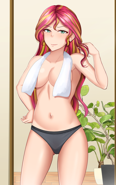 Size: 900x1440 | Tagged: suggestive, artist:binrouya2021, derpibooru import, sunset shimmer, human, belly button, black underwear, breasts, busty sunset shimmer, clothes, female, humanized, image, png, solo, solo female, towel, underwear, wet hair