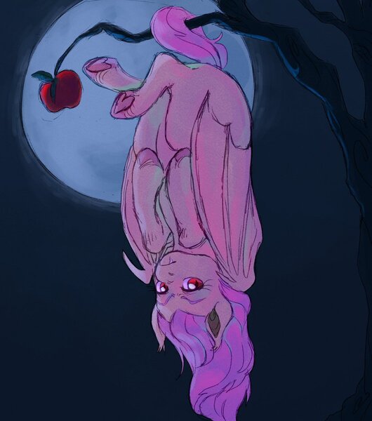 Size: 1059x1200 | Tagged: safe, artist:abbytabbys, derpibooru import, fluttershy, bat pony, pony, apple, bat ponified, ear fluff, eyebrows, eyelashes, fangs, female, flutterbat, food, g4, hanging, hanging upside down, hoof heart, hooves to the chest, hooves together, image, jpeg, looking at you, mare, moon, night, race swap, solo, tree, underhoof, unshorn fetlocks, upside down