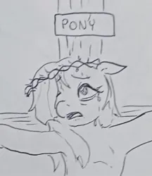 Size: 843x977 | Tagged: safe, artist:pony quarantine, derpibooru import, marble pie, earth pony, pony, close-up, crown of thorns, crucified, crying, female, image, jesus christ, jpeg, mare, pen drawing, religion, sketch, solo, traditional art