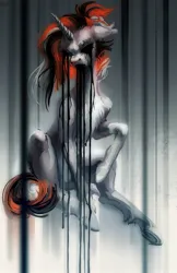 Size: 1240x1912 | Tagged: safe, artist:plut0echo, derpibooru import, oc, unofficial characters only, pony, unicorn, abstract background, black tears, creepy, crying, cyrillic, female, image, jpeg, mare, sitting, solo