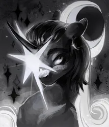 Size: 1500x1750 | Tagged: safe, artist:plut0echo, derpibooru import, oc, unofficial characters only, pony, unicorn, commission, curved horn, ear piercing, earring, female, horn, image, jewelry, jpeg, mare, monochrome, moon, piercing, stars