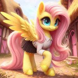 Size: 1024x1024 | Tagged: safe, machine learning generated, ponerpics import, ponybooru import, fluttershy, pegasus, pony, ai content, bing, clothed ponies, clothes, ear fluff, ears, female, hoof polish, image, jpeg, leg fluff, mare, pleated skirt, ponyville, shirt, skirt, smiling, solo, unshorn fetlocks