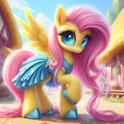 Size: 1024x1024 | Tagged: safe, machine learning generated, ponerpics import, ponybooru import, fluttershy, pegasus, pony, ai content, bing, clothes, dress, female, fluffy, hoof polish, image, jpeg, leg fluff, looking at you, mare, neck fluff, ponyville, solo, unshorn fetlocks