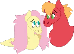 Size: 2051x1488 | Tagged: safe, artist:lepoppeta, derpibooru import, big macintosh, fluttershy, earth pony, pegasus, pony, bust, duo, duo male and female, female, fluttermac, freckles, image, lidded eyes, looking at each other, looking at someone, male, mare, png, shipping, simple background, smiling, smiling at each other, stallion, straight, transparent background
