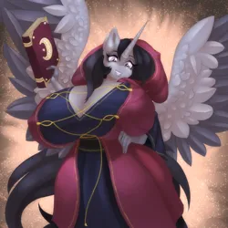 Size: 3900x3900 | Tagged: suggestive, artist:st. oni, derpibooru import, oc, oc:dusk ellipse, unofficial characters only, alicorn, anthro, big breasts, breasts, cleavage, clothes, female, gold, huge breasts, image, impossibly large breasts, jpeg, smiling, solo, spread wings, wide hips, wings